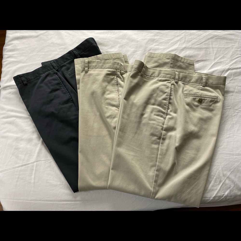 3 pairs Men L.L. Bean Wrinkle-free Chinos size 38x34, 2 khaki color, 1 navy